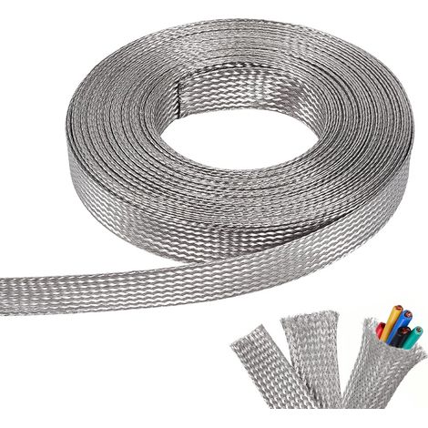 10m Gaine Tressée en Acier Inoxydable 304, 18mm de Large Tressage Plat Étamé en Acier Inoxydable Gaine de Blindage Flexible pour Câbles (1/5)