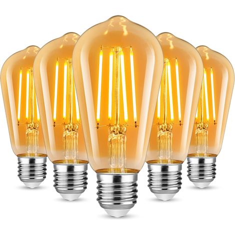 Bombillas vintage, bombillas Edison de 4 W (equivalente a 40 W), bombilla LED, brillo ámbar, ST64 E27, luz gran angular de 360°, lámpara de estilo retro antiguo, paquete de 6 [Clase energética A+++] [ (1/5)