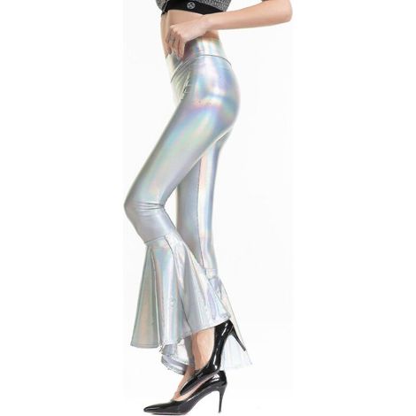 Damen-Schlaghose, Meerjungfrauenhose mit weitem Bein, Metallic-Hippiehose Xinmu-L-Laser Silber (1/3)