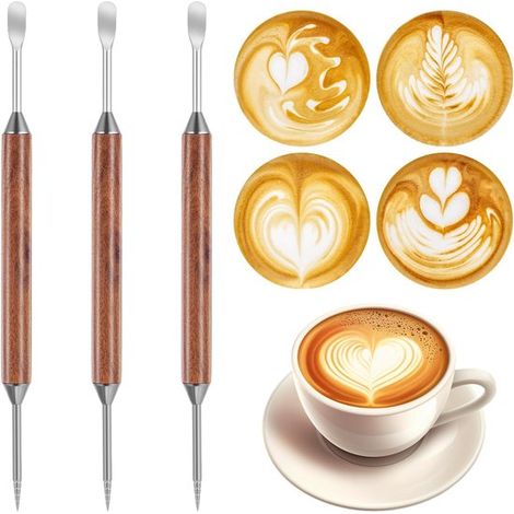 3 bolígrafos de doble punta para latte art con mangos de madera，boquillas de acero inoxidable para latte art，ideales para preparar capuchino (1/5)