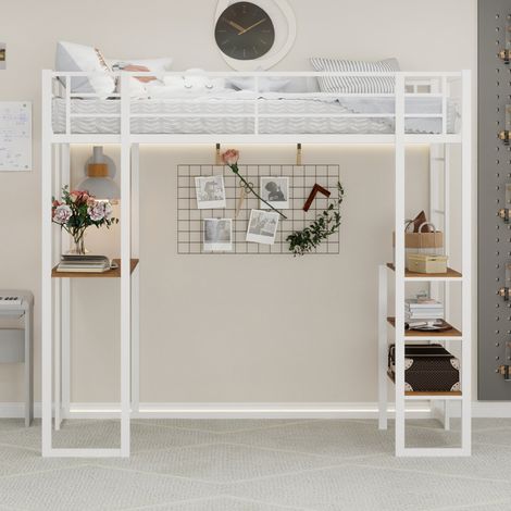 Lit mezzanine enfant 90x190 cm avec bureau, étagères de rangement ouvert, en métal, sans matelas, blanc