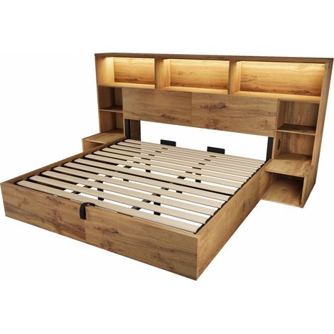 Cama con arcón 180x200 cm efecto roble con LED, USB-C y mesitas integradas - MODENUIT (1/5)