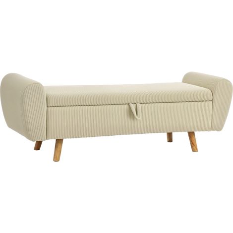 Banco con almacenaje tapizado en pana beige con patas de madera y reposabrazos enrollados HOMVRA (1/5)