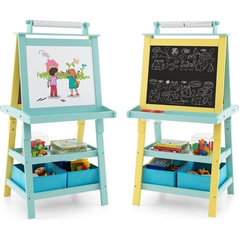 Caballete infantil 3 en 1 Pizarra blanca de doble cara y papel de dibujo Amarillo + Azul