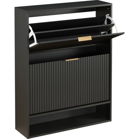 Meuble à chaussures étroit noir 80 x 24 cm avec 2 portes abattantes et étagère réglable (1/5)