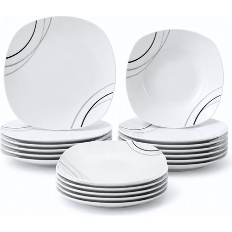 Set 18 piatti quadrati in porcellana bianca con decorazione - Set per 6 persone composto da piatti fondi, piatti piani e piattini dessert (1/5)