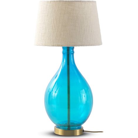 Lampe de table en verre bleu turquoise avec abat jour coton - Bleu turquoise et coton naturel (1/2)