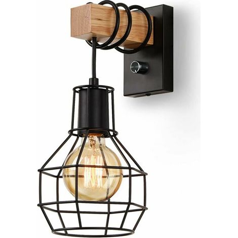 Industrial Indoor Wall Lamp, Dimmable Vintage Cage Lampshade with Wall Switch, E27 Metal and Wood Rope, for Living Room, Dining Room, Hallway, Black (Without Bulb)