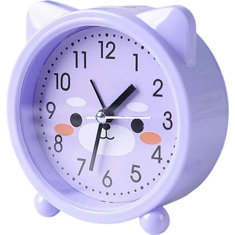 Réveil chaton mignon, cadeau pour enfants, réveil de bureau, design oreilles de chat, réveil de chevet, mécanisme silencieux, violet. (1/5)