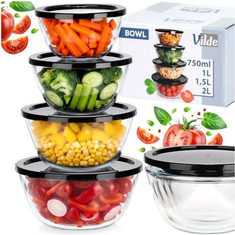 Bol En Verre - Avec Couvercle Hermétique - Empilable - Pour Conservation Servir Transport - 4 Pièces 750 ml 1 L 1 5 L 2 L