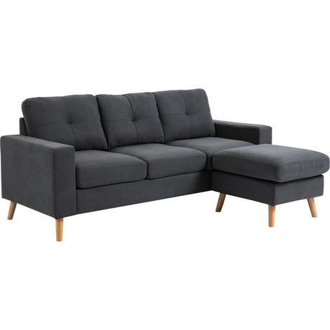 Divano lineare a 3 posti e pouf modulare con braccioli, design scandinavo, 193 x 136 x 85 cm, grigio antracite.