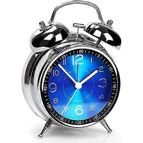 Réveil à double sonnerie bruyante, conçu pour les gros dormeurs - réveil à quartz rétro silencieux sans tic-tac avec rétroéclairage et cadran lumineux, réveil de chevet, bleu métallique. (1/5)