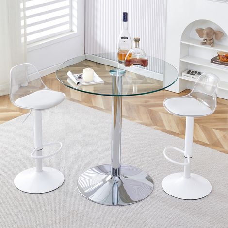 Tavolo rotondo con 2 sgabelli da bar regolabili (82/104 cm) girevoli a 360°, vetro trasparente, gambe in metallo bianco/argento (1/5)