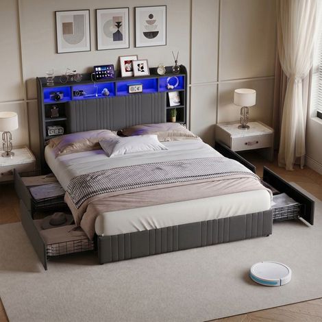 Cama 140x200 cm con 4 cajones, Cabecero con USB y LED, marco de cama doble con somier de lamas, cama para adultos, gris (1/5)