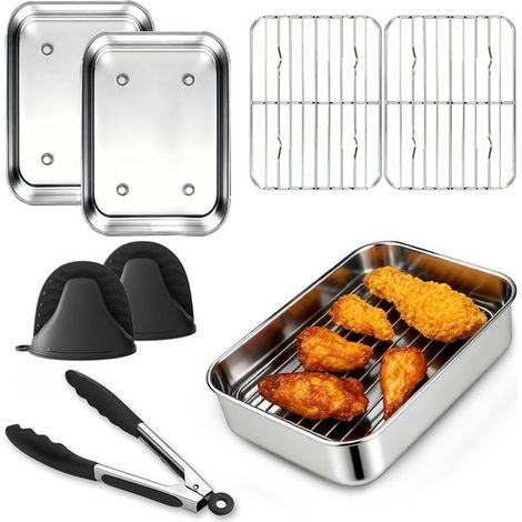 Accessoires pour friteuse à air Ninja Dual Zone et FlexDrawer - Kit de 6 pièces pour AF400EU, AF451EU et AF500EU - Comprend 2 plats à four, 2 grilles, une pince en silicone et des gants - Acier inoxyd (1/5)