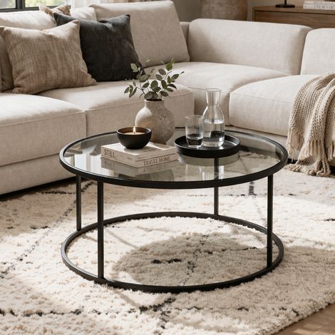 Couchtisch aus Glas, rund, aus schwarzem Metall – 80 cm – Barlin