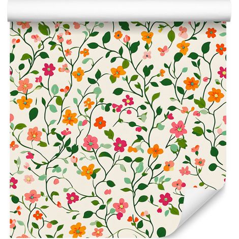 Papel pintado con flores pequeñas en blanco, crema y gris claro, 50x1000 cm. (1/5)