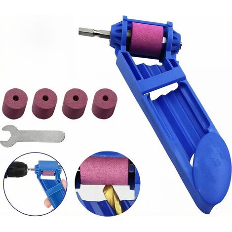 Affûteuse et meuleuse de forets portable, outil électroportatif, pour forets hélicoïdaux – 1 affûteuse bleue + 4 têtes de rechange + 1 clé (1/5)