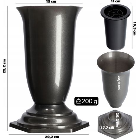 KADAX Grabvase aus Kunststoff, Blumenvase, Steckvase für Grab, 15 cm, grafit