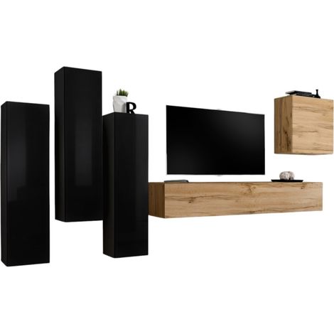 Conjunto de muebles de salón de diseño colección SWITCH III. Color negro brillante y roble Wotan