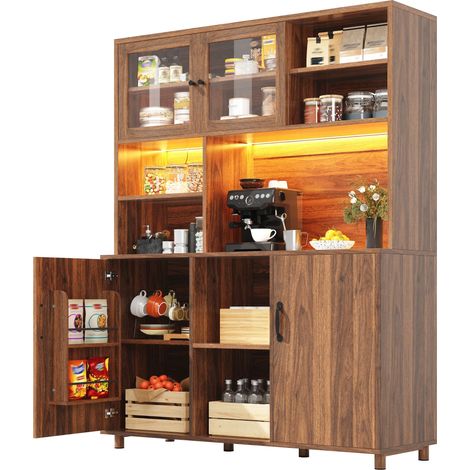 Meuble haut de rangement salon 140x40x185cm, armoire de cuisine et salle à manger avec éclairage LED, porte avec étagère à snacks, style rétro, finition noyer. (1/5)
