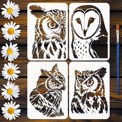 4 Pcs Pochoirs Hibou Avec 1 Pinceau 21x29.7cm Pochoirs Tête de Hibou Pochoir Oiseau Réutilisable Template Thème Animaux pour Peinture sur Bois Mur Meuble Déco Maison DIY (1/5)