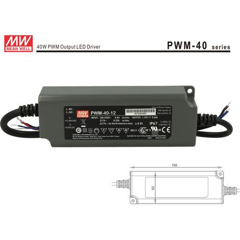Alimentatore Led MW MEAN WELL PWM-40-12 Dimmerabile 40W 12V IP67 Dimming 3 in 1 0-10V 10V PWM Resistance (1/3)