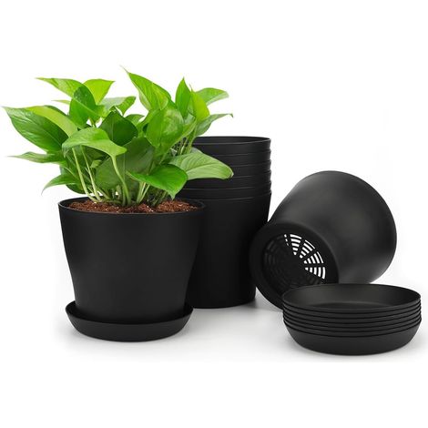 16Stk 10CM pflanztöpfe pflanzentöpfe anzucht blumentopf Plastik klein mit Paletten anzuchttöpfe Kunststoff töpfe Pflanzen runden für Samen saftige Blumen für Home Büro Dekoration, Schwarz (1/5)