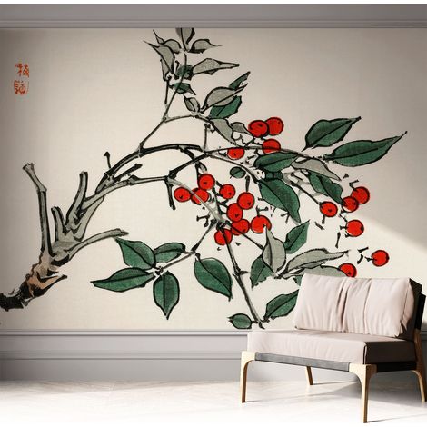 Papier peint adhésif avec colle pour décoration moderne de salon chambre à coucher cuisine et bureau Facile Une branche de baies 312x219 cm (1/5)
