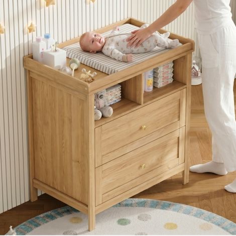 Table à Langer Multifonction avec Tablette de Change Amovible et Tiroirs, Commode de Change Convertible 82 x 50 x 90 cm, Design Ergonomique, Finition Bois, Sans Coussin (Bois Naturel) (1/5)