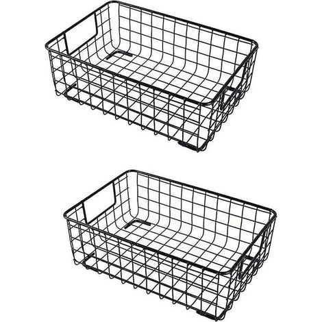 ZVD Lot de 2 paniers de rangement en fil métallique avec poignée en fer forgé pour articles divers, pour cuisine, noir (1/3)