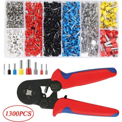 Kit de crimpado para terminales de cable AWG 23-7, herramienta de crimpado de trinquete autoajustable con 1300 terminales de 0,25 a 10 mm². (1/5)