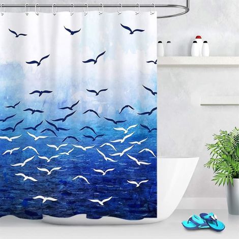 Rideau de douche bleu océan 150x180cm, motif oiseaux marins, avec crochet, en polyester imperméable et résistant à la moisissure. (1/4)