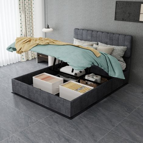 Lit rembourré moderne et minimaliste avec tête de lit douce et confortable, 140x200 cm, gris, meuble de chambre multifonctionnel, sommier coffre haut avec mécanisme de levage à gaz, matelas non inclus (1/5)