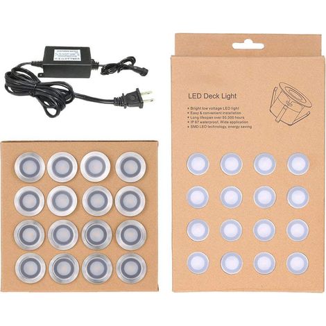 Lampe de terrasse LED basse tension – Kit de 16 lampes LED encastrées pour jardin, terrasse, extérieur, escalier souterrain, décoration de sol en bois, étanche IP67, 12 V blanc chaud (1/5)