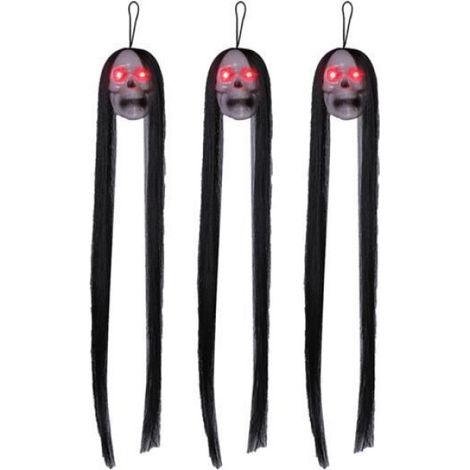Tête De Mort Lumineuse - Décoration Halloween Suspendue Intérieur Extérieur - Avec Cheveux Longs Et Crochet - 1 Pièce (1/4)