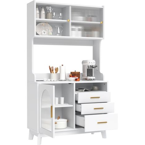 Buffet haut avec rangement, façade acrylique ondulée, prises intégrées 2 prises USB-A et USB-C, blanc, 100,5 x 40 x 178 cm – CHICFURN (1/5)