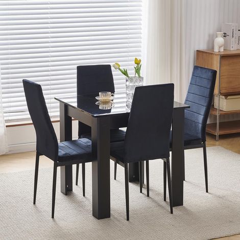 75x75cm Square Dining Table and Chairs Set, Small Dining Room Set High Gloss Dining Table with Chairs Home Furniture (Black Flannel, Black Table with 4 Chairs)
