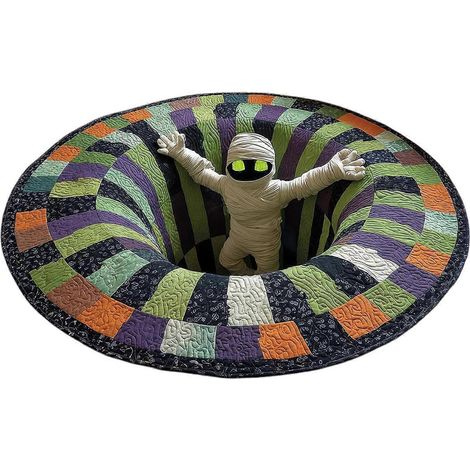 Tapis d'Halloween rond rembourré 3D squelette-vortex antidérapant grand format idéal pour la décoration intérieure et le salon - 80 cm - B (1/5)