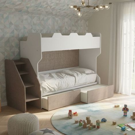 Letto a castello salvaspazio con terzo letto estraibile e scala laterale - Ideale per camerette - Bianco e Fumo