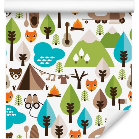 Papel pintado con árboles, montañas verdes y zorros para salón y dormitorio, 50x1000 cm. (1/5)