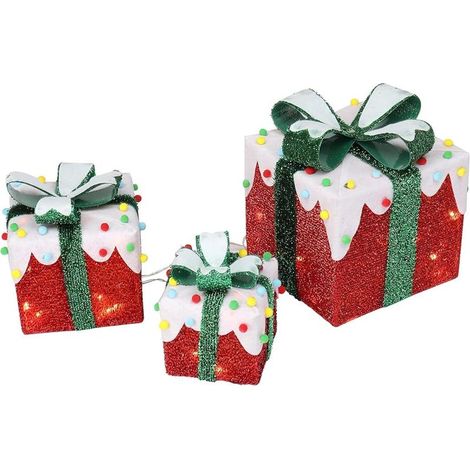 LED Christmas Decoration - Luminous Gift Boxes - Set of 3 Christmas Lights for Indoor and Outdoor (Red) (1/5)