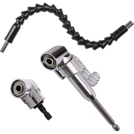 Foret à Angle Droit (1PCS Court + 1PCS Longue）et 1pc 30cm d'arbre Flexible Visseuse kit Renvoi d'Angle de 105 Degrés Magnétique Changement Rapide Hex 6mm de 1/4- inch Perceuse Electrique Acce