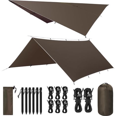 Bâche Anti-Pluie, 3x3M/3x5M Camping Bâche Rain Tarp, Toile de Tente Imperméable Anti-UV, Léger Portable, avec 9 ou 15 Oeillets + Clou en Aluminium + Corde à Vent, Randonnée, Hamac, Extérieur (1/5)