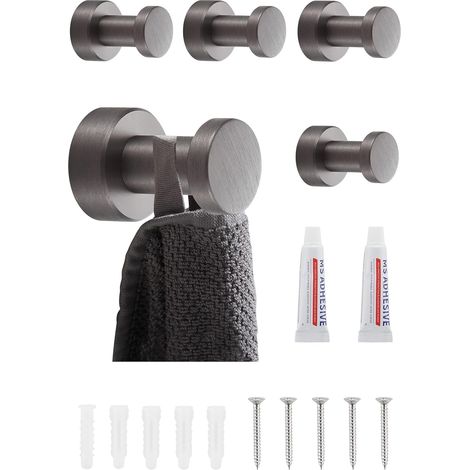 Lot de 5 crochets muraux en métal inoxydable pour salle bain et cuisine - Autocollants ou montage mural Gris'Gris