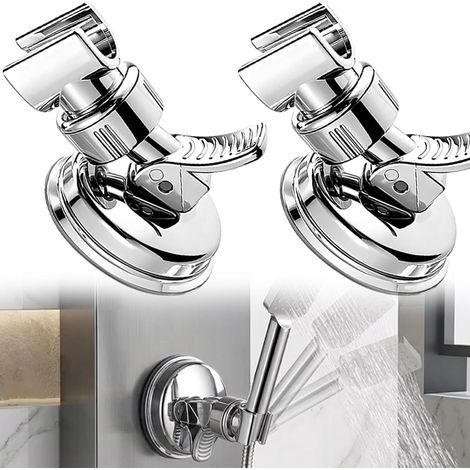 Supports de douche robustes et orientables à 360°, sans perçage, à ventouse amovible, pour carrelage lisse, verre, marbre et métal, lot de 2 (argenté). (1/5)