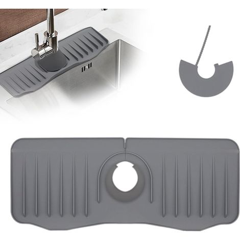 Graue Wasserhahnmatte, Silikon-Abflussmatte, Spritzschutz für Wasserhahngriffe für Küchen- und Badezimmerspüle, Arbeitsplattenschutz, 37 x 14,5 cm