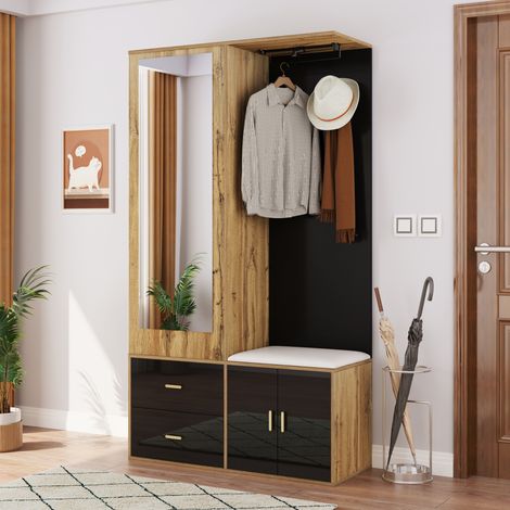 Porte-manteau avec miroir, rangement pour chaussures, banc avec patères et penderie escamotable, Noir et bois, 100x38x180cm