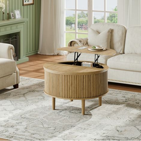 Tavolino rotondo sollevabile con contenitore, doppio piano ribaltabile 80 x 80 x 50 cm, naturale (1/5)