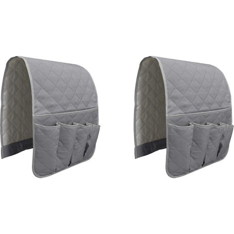 Deux pochettes de rangement pour accoudoirs de canapé, chacune dotée de cinq poches (13 x 34,5 pouces). Ces pochettes souples peuvent contenir tablettes, téléphones, lunettes, magazines, etc. (1/5)